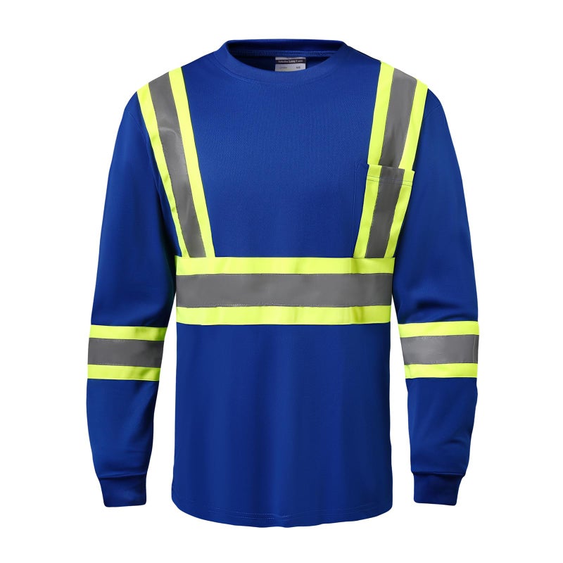 DPSAFETY Hi Vis Safety Long Sleeve Shirts,High Visibility Class 3 T Shirts with Reflective Strips and Pocket, Quick Dry Mesh Construction Work Shirt for Men/Women (Blue,5XL) - Image 1